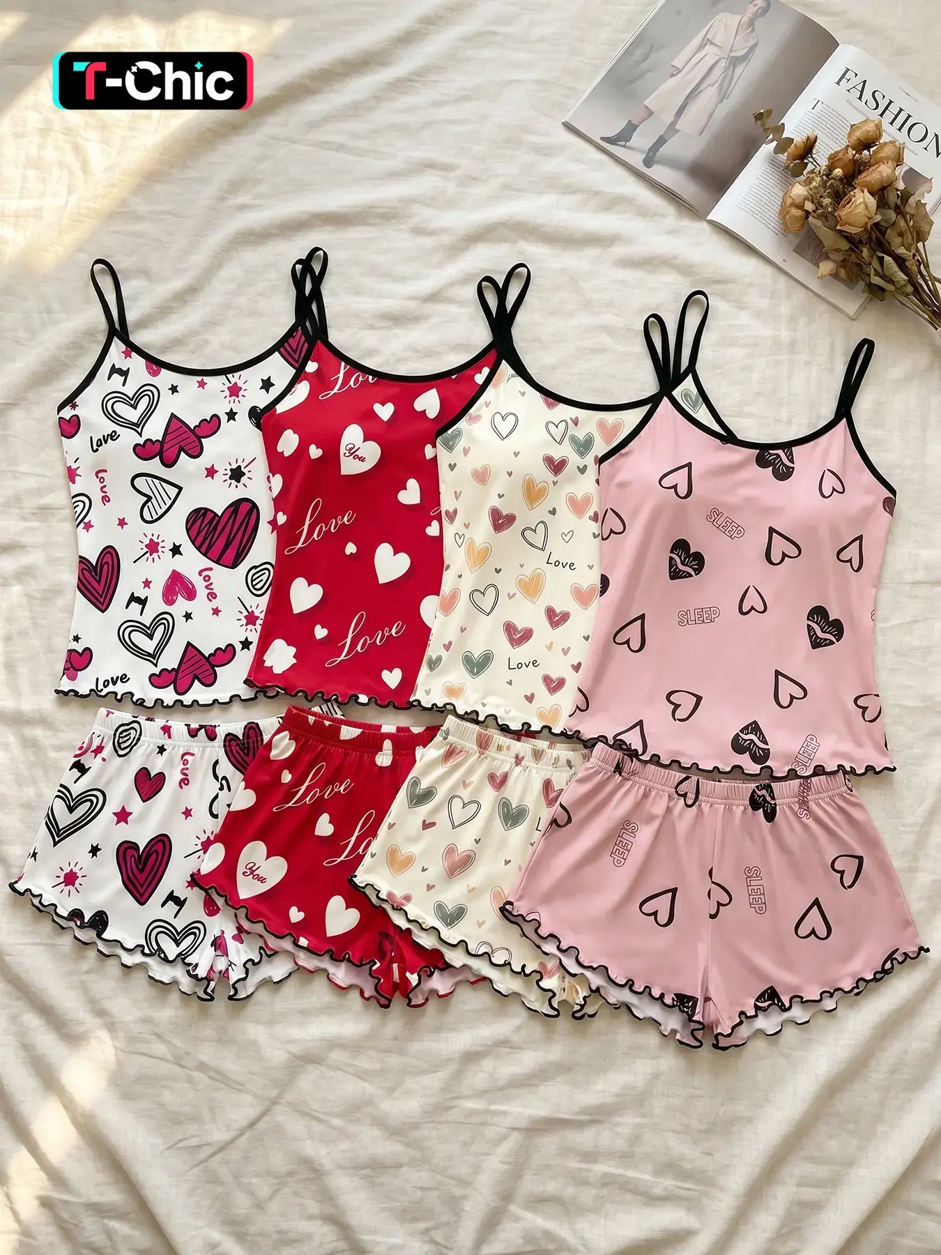 Women's 4 Piece Spaghetti Strap Cami Top and Shorts Pajama Sets Nightwear, All Season Wear, Romantic Heart Love Print Ruffle Hem, Sweet Aesthetic, Loose Breathable for Home & Casual Wear, Four Sets