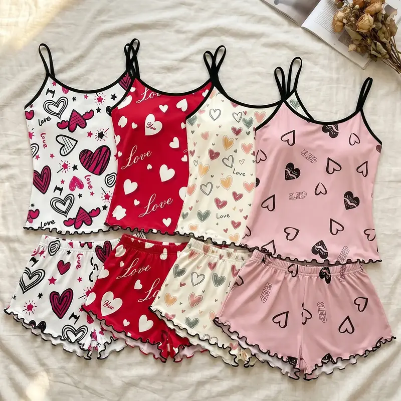 Women's 4 Piece Spaghetti Strap Cami Top and Shorts Pajama Sets Nightwear, All Season Wear, Romantic Heart Love Print Ruffle Hem, Sweet Aesthetic, Loose Breathable for Home & Casual Wear, Camisole Sets