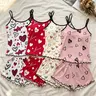 Women's 4 Piece Spaghetti Strap Cami Top and Shorts Pajama Sets Nightwear, All Season Wear, Romantic Heart Love Print Ruffle Hem, Sweet Aesthetic, Loose Breathable for Home & Casual Wear, Camisole Sets