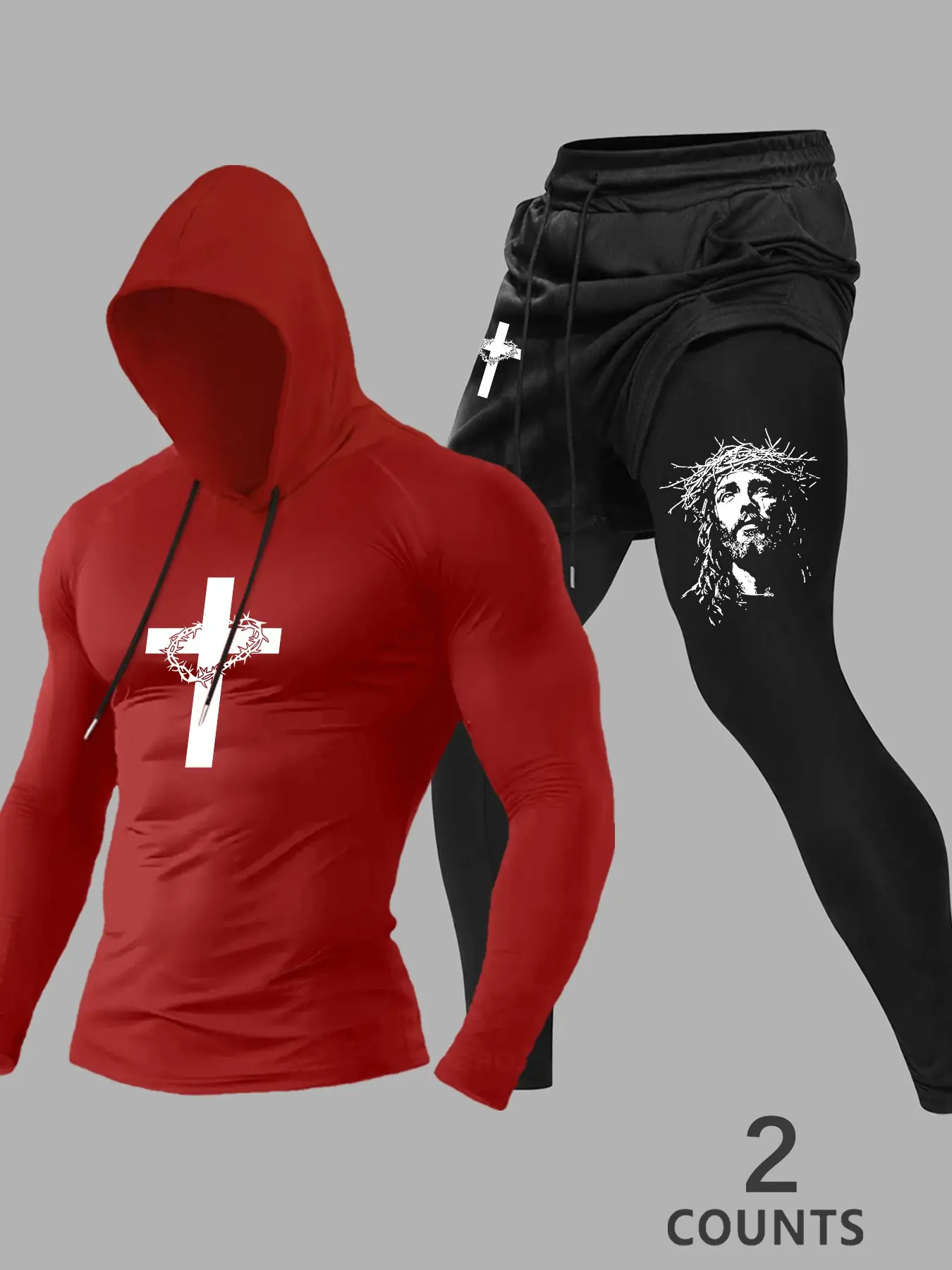 Men's Jesus Cross Print Two-Piece Gym Set, Fitted Long Sleeve Hoodie + Double Layer Shorts, Casual Spring & Fall Workout