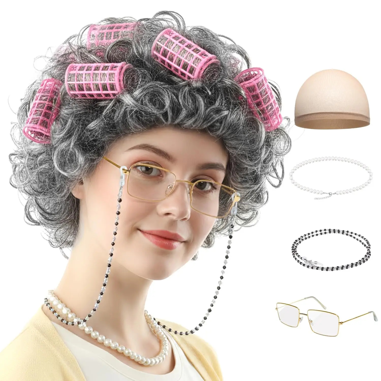 Old Lady Wigs for Women Grandma Costume with Earrings (Gray Curly) | 100 Days of School Costume Accessories with Detachable Hair Rollers and Pearl Necklace(Gift)