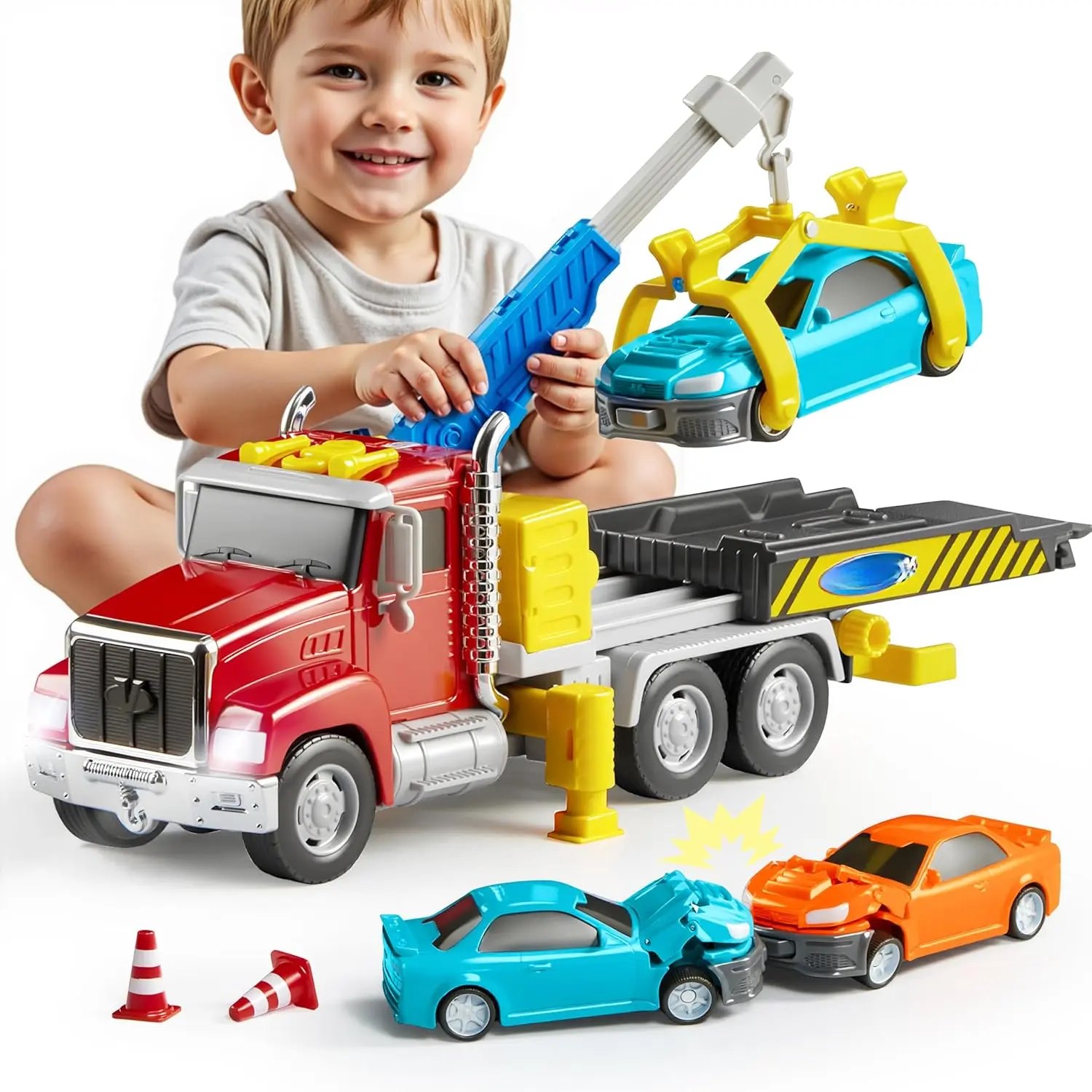 Kids Tow Truck Toys  3 4 5 6 7 Years Old Boys, Toddler Car Toys, Large Truck with 2 Transmation Cars and Trailer, Crane with Lights and Sounds, Birthday Gifts