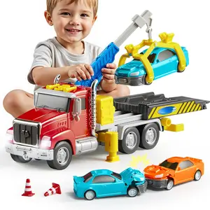 Kids Tow Truck Toys  3 4 5 6 7 Years Old Boys, Toddler Car Toys, Large Truck with 2 Transmation Cars and Trailer, Crane with Lights and Sounds, Birthday Gifts