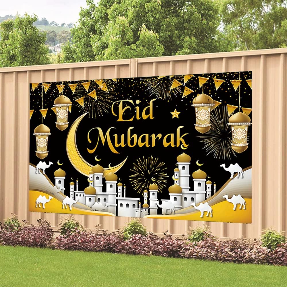 Ramadan Backdrop Decorations Eid Mubarak Banner Ramadan Photo Background for Home Indoor Outdoor Ramadan Party Decorations Supplies 70.8 x 47.2 Inch (Black )