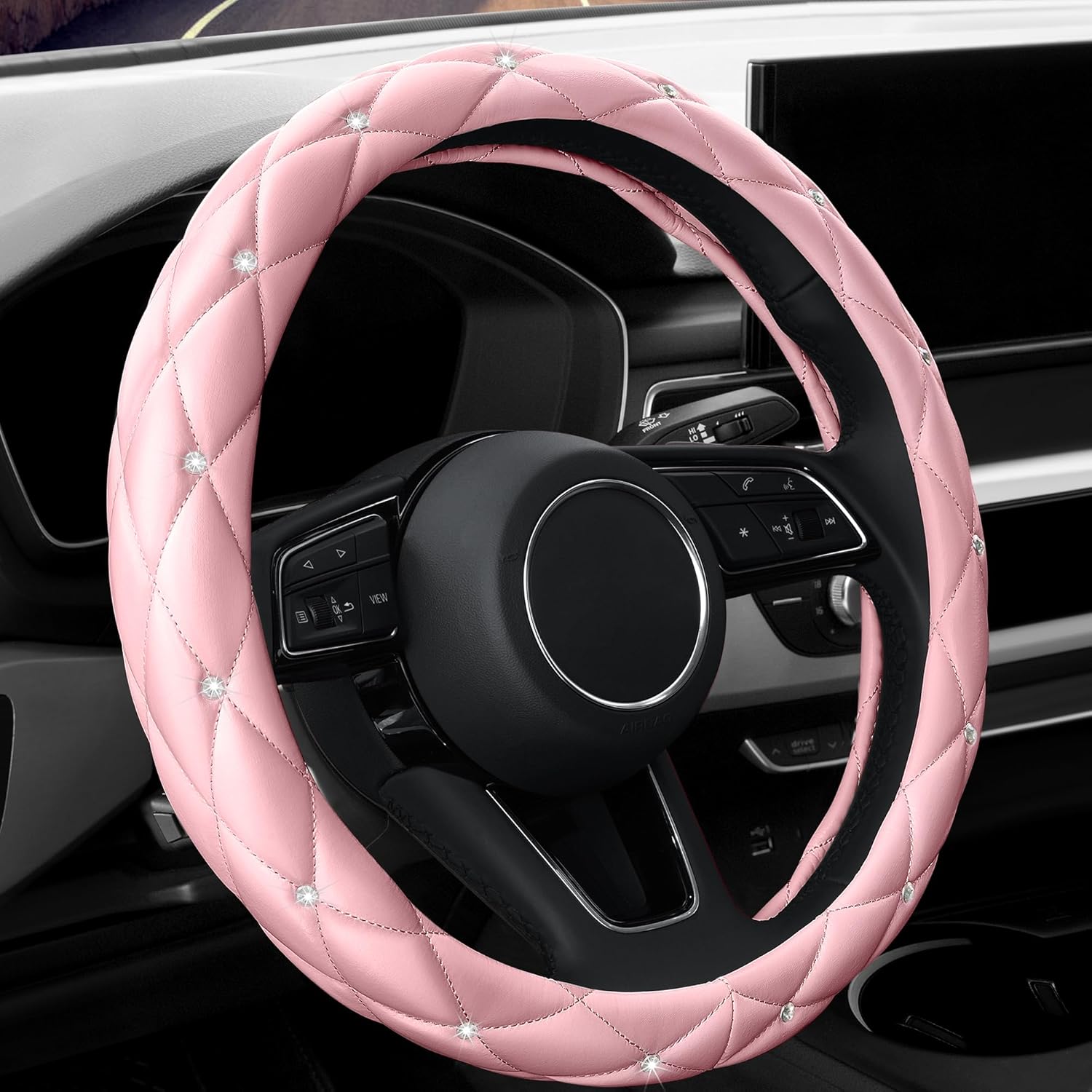 Cute Diamond Soft Light Pink Leather Non-Slip Steering Wheel Cover with Shiny Crystal Rhinestones Universal 15inch Suitable for Women Girls Suitable for Vehicles Cars SUVs Trucks