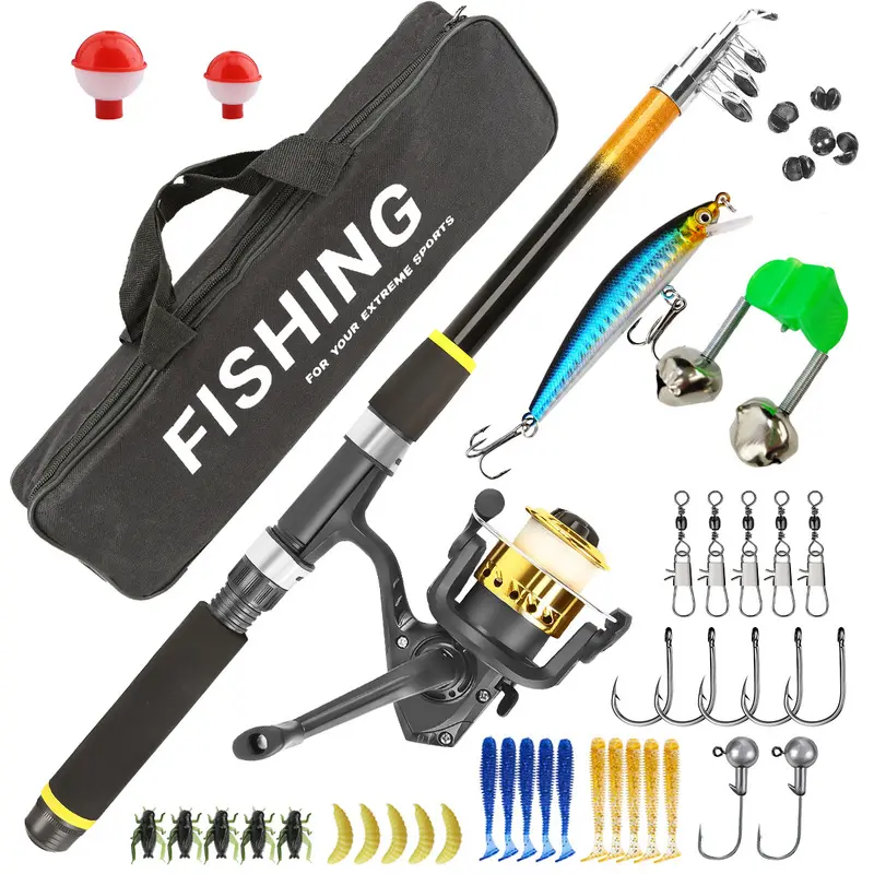 Complete Fishing Rod & Reel Combo Set - Spinning Rod with Reel, Lures (Hard/Soft), Tackle, Carry Bag, Fishing Gear and Equipment | Beginner Starter Kit for Sea/Lake/River Fishing