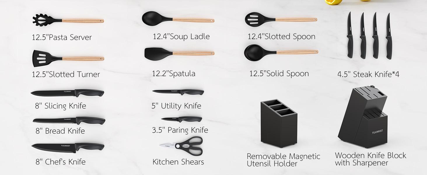 Tuumiist Knife Set, TUUMIIST 18PCS Kitchen Knife Sets With Block And Sharpener, Kitchen Utensils Set, Removable Utensil Holder -Precision Cutting, Effortless Sharpening, Convenient Organization