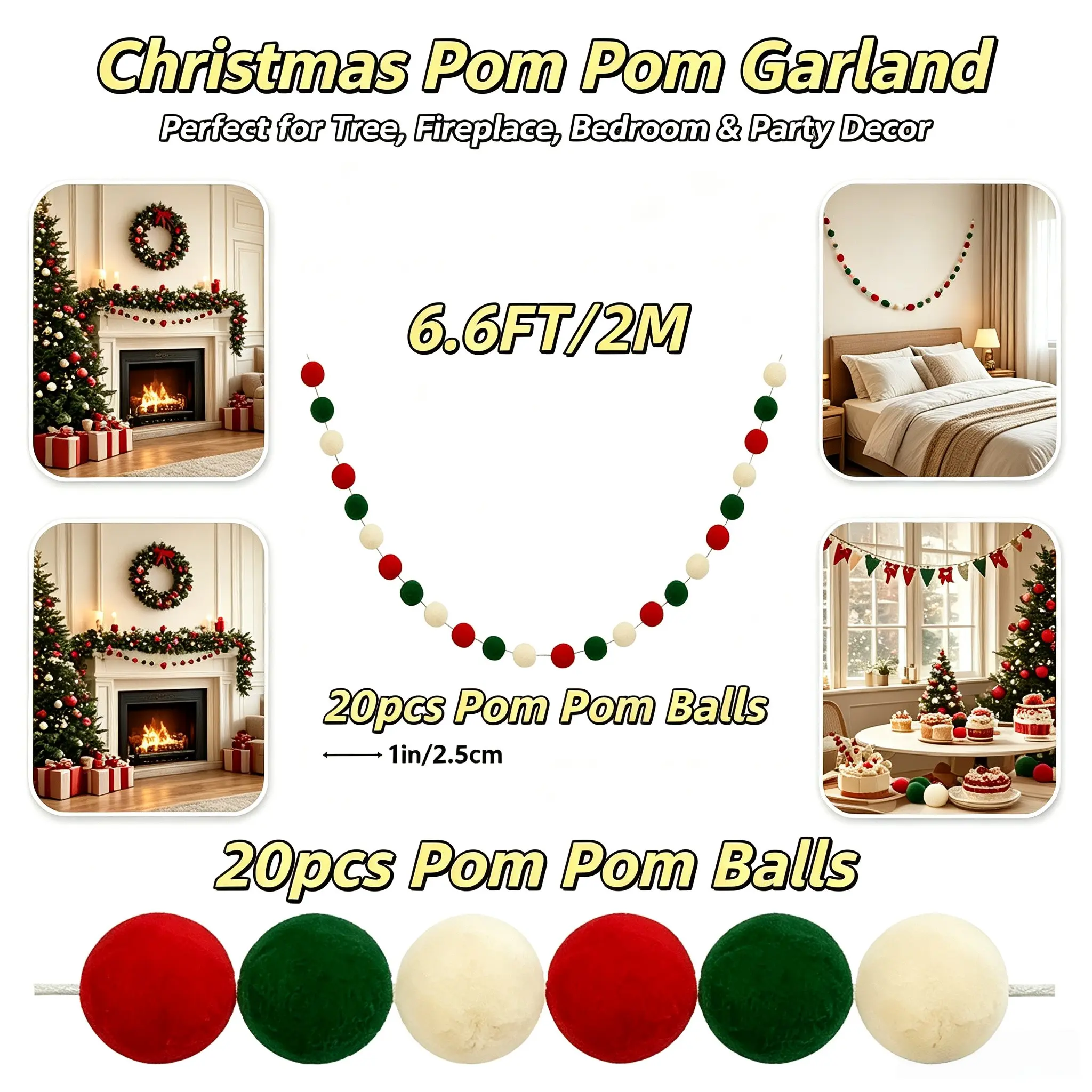 20-piece string of Christmas pom-pom ornaments, suitable for Christmas decorations on fireplaces, walls, Christmas trees, and party gatherings