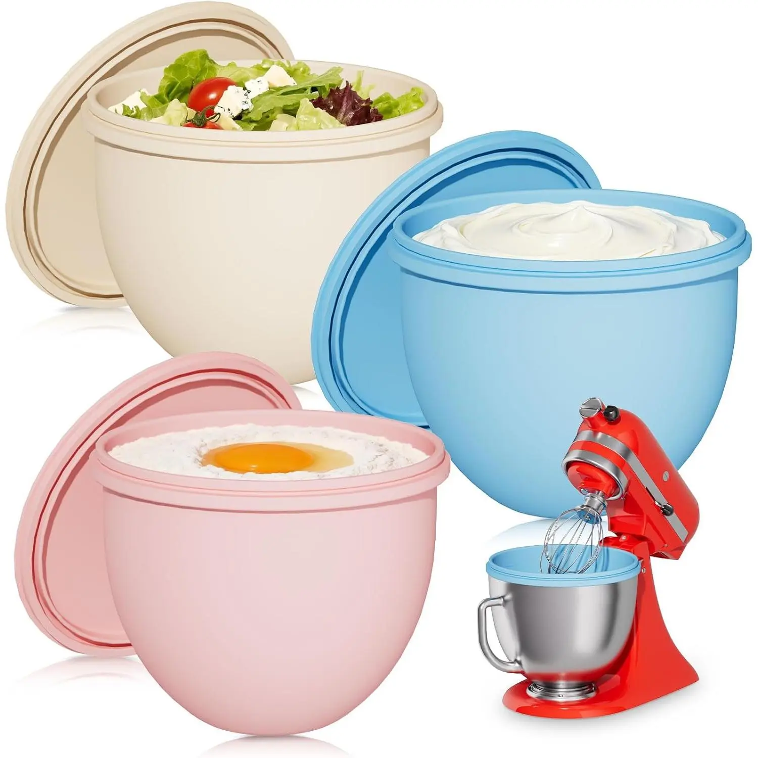 3Pcs 5QT Silicone Bowl Liner for KitchenAid Tilt-Head Stand Mixers – Food-Grade Silicone Insert with Sealable Lid, Vent Holes & ml Markings – Heat-Resistant, Stackable Design