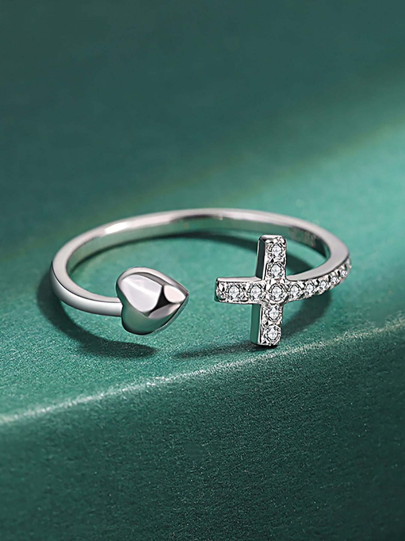 S925 Sterling Silver Cross & Heart Design Cuff Ring, Adjustable Christian Religious Ring, Inspirational Jewelry Gifts for Ladies, Fashion To Enhance Your Faith Purity Ring, Elegant Ring
