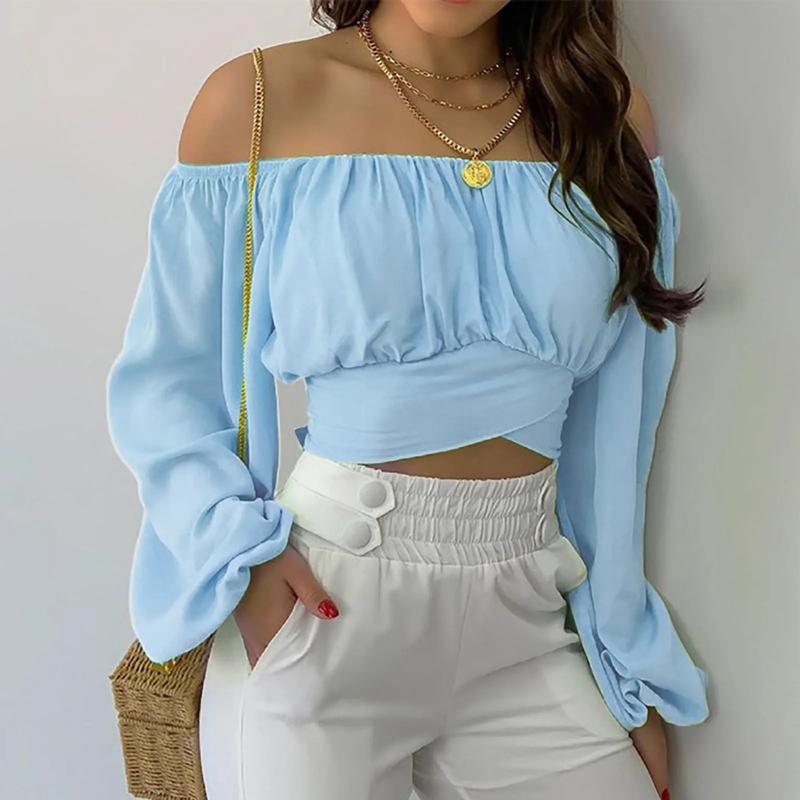 Aria Muse Women Sexy Off Shoulder Blouse Chic and Elegant Printing Lantern Long Sleeve Lace Up Bow Cropped Tops Casual Slim Shirts 2026