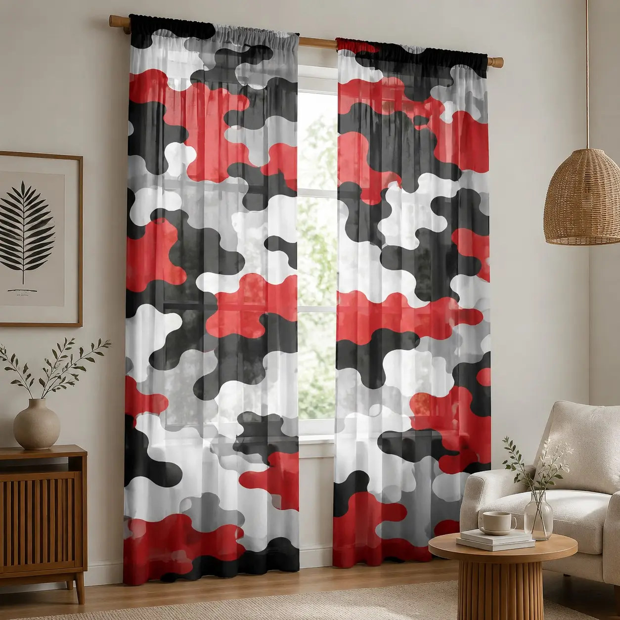 2-Pack Camouflage Semi-Transparent Curtains, Modern Street Style, Hip-Hop Casual, Teen Boy Bedroom, Gaming Room Decor, Window Curtain