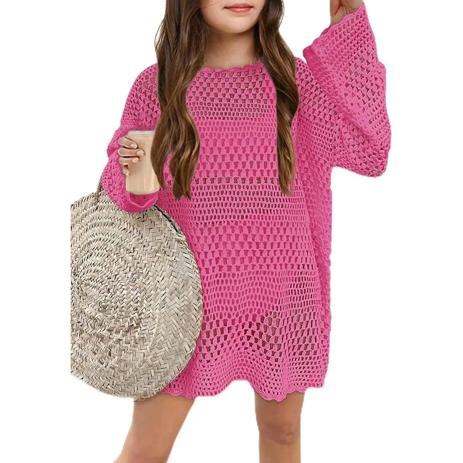 Girls Crochet Long Sleeve Swimsuit Cover Up - Hollow Out Beach Dress Swimwear for Kids 5-14 Years(Gift)