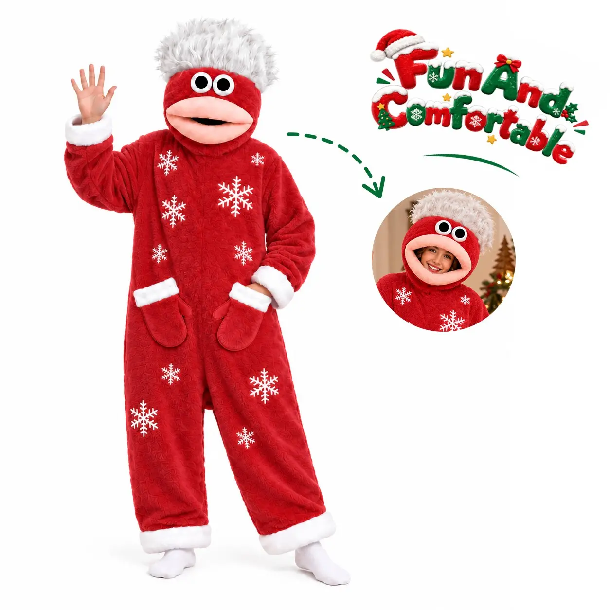 Unisex Adult Festive Christmas Onesie Pajamas, Open Face Cute Snowflake Embroidered, Plush Fleece Funny Monster Cosplay Costume, Holiday Party Sleepwear