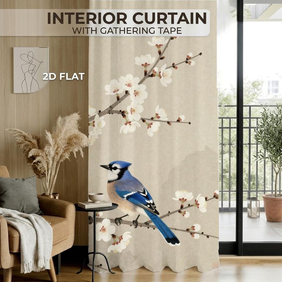2Pcs Japanese Style Blue Jay Bird Plum Blossom Floral Curtains Digital Printed Rod Pocket, Window Treatment For Bedroom Office Kitchen Living Room Study Home Decor