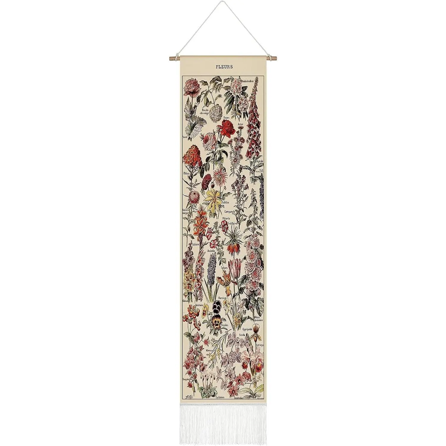 Vintage Floral Tapestry 52'' x 13'' Long Vertical Wall Hanging with Botanical Tassel, Boho Home Decor for Bedroom Living RoomGift