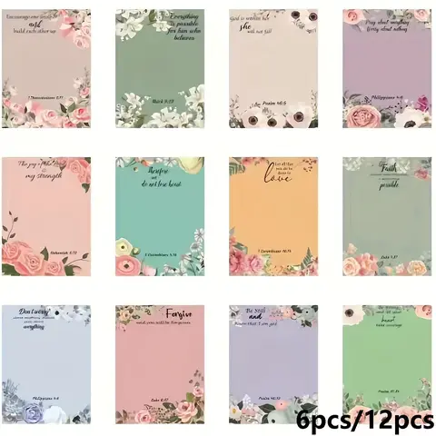 Inspirational Bible Verse Sticky Notes Set, 6/12pcs Floral Pattern Self-Adhesive Memo Pads, Christian Faith Gifts for Women, Teachers, Nurses, Adhesive Stickers, Includes Sticker