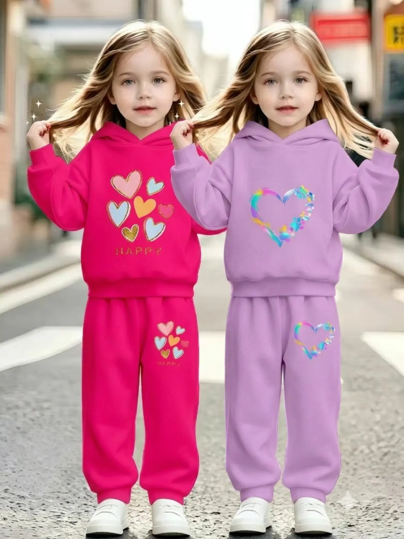 Girls' Heart Theme Hoodie Set, All over Print, Fitted, Fall & Winter, Sweet and Elegant, Perfect for Parties and Gifts