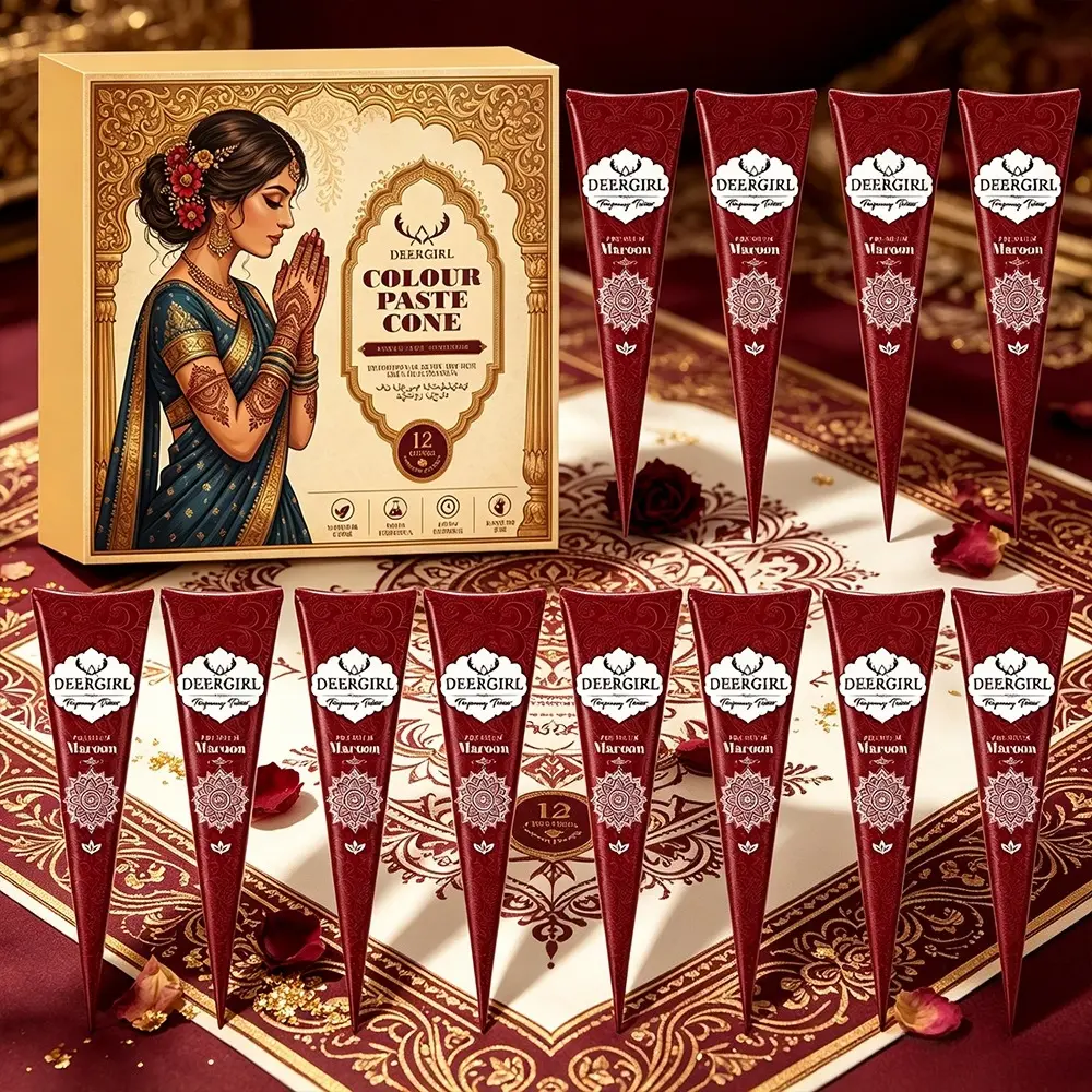 12 pink henna cone kit for traditional Indian body art, user-friendly mild paste for DIY patterns on hands, feet and nails. Sweatproof multi-day color retention, bulk supplies for weddings, music festivals and street stall business.