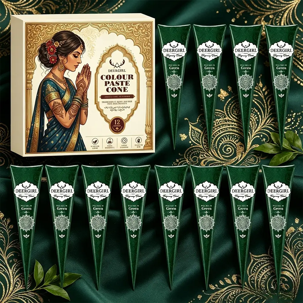 12 Pack Premium Pink Henna Cones Temporary Tattoo Paste Set, Natural Gentle Mehndi Color Paste Cone Kit, Traditional Indian Body Art Tattoo Supplies for Bridal Party Festival Skin Decorations