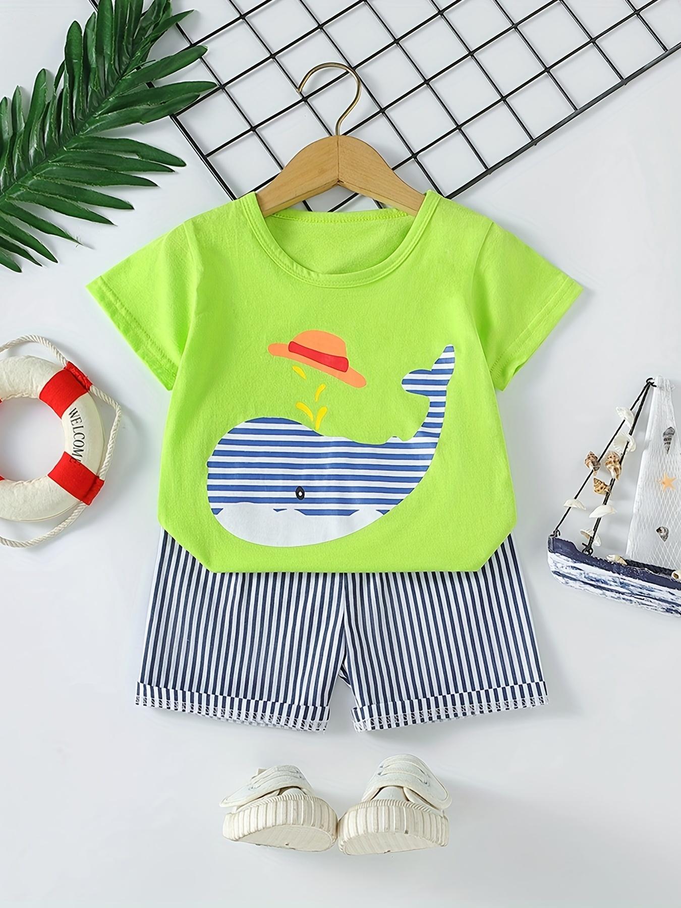 Boys' Casual Summer Outfit - Cute Cartoon Design with Whale & Hot Dog Graphic - Short Sleeve T-Shirt & Whale Shorts Set - Blue & White Striped Pattern - Regular Fit for Casual Attire - Boy Shorts - Everyday Kids Clothing - Playful Kids Fashion -