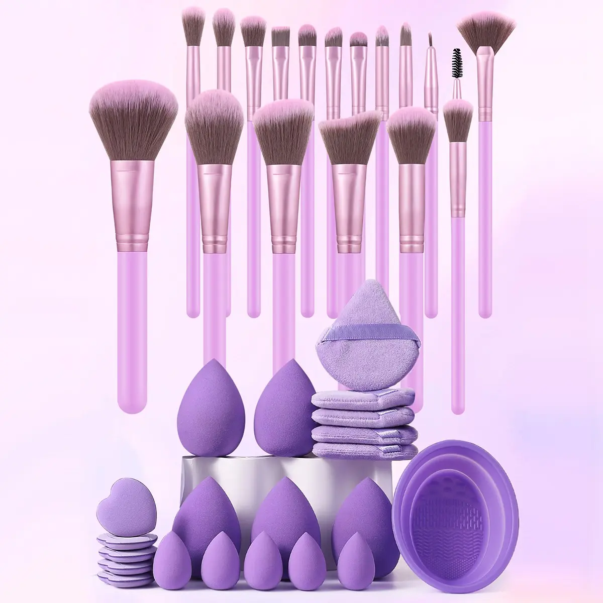 39-Piece Makeup Tool Set, Makeup Accessories, Includes 18 Brushes, 10 Beauty Eggs, 10 Puffers, 1 Brush Cleaner, Soft Synthetic Bristles, Beginner-Friendly, Travel-Ready