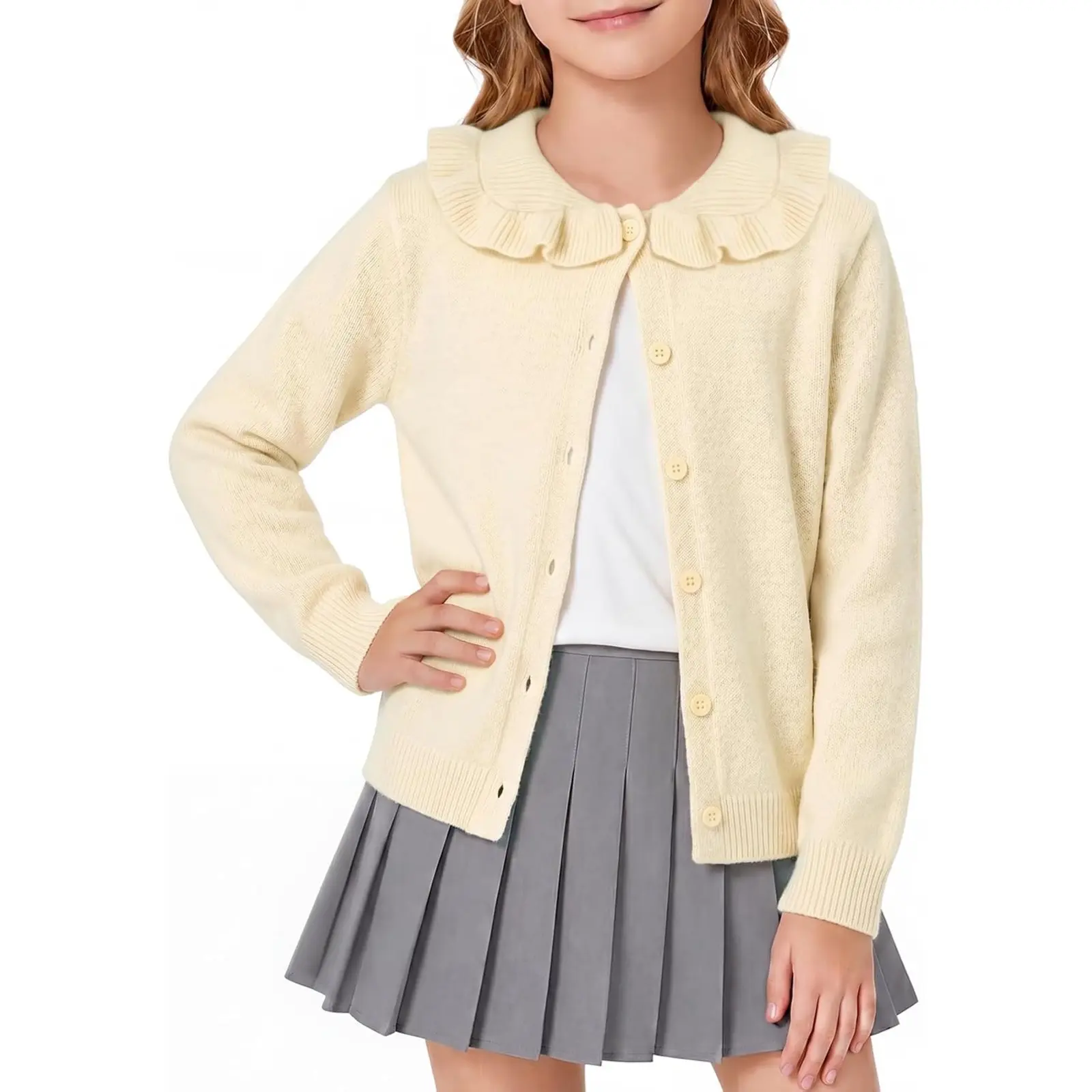 Haloumoning Girls Cardigan Sweater Ruffled Peter Pan Collar Sweaters 5-14Y | Kids Long Sleeve Button Up Knit Sweater, Ruffle Trim Warm and Soft Spring Fall Outwear