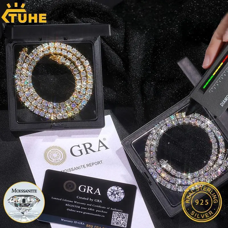 TUHE Unisex S925 Silver VVS1 Moissanite Tennis Chain Necklace, Diamond-Test-Passing Gemstone Jewelry Gift for Men & Women, Jewelry Necklace