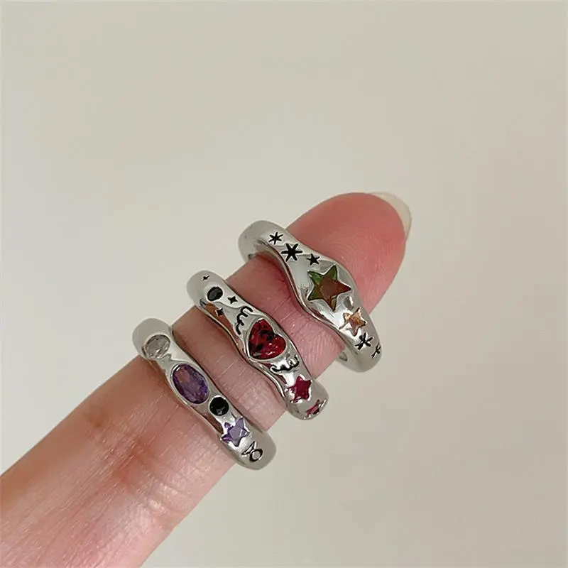 Colorful Zircon Star Rings for Women Irregular Metal Ring Retro Index Finger Aesthetic Jewelry Hip Hop Girls Accessories