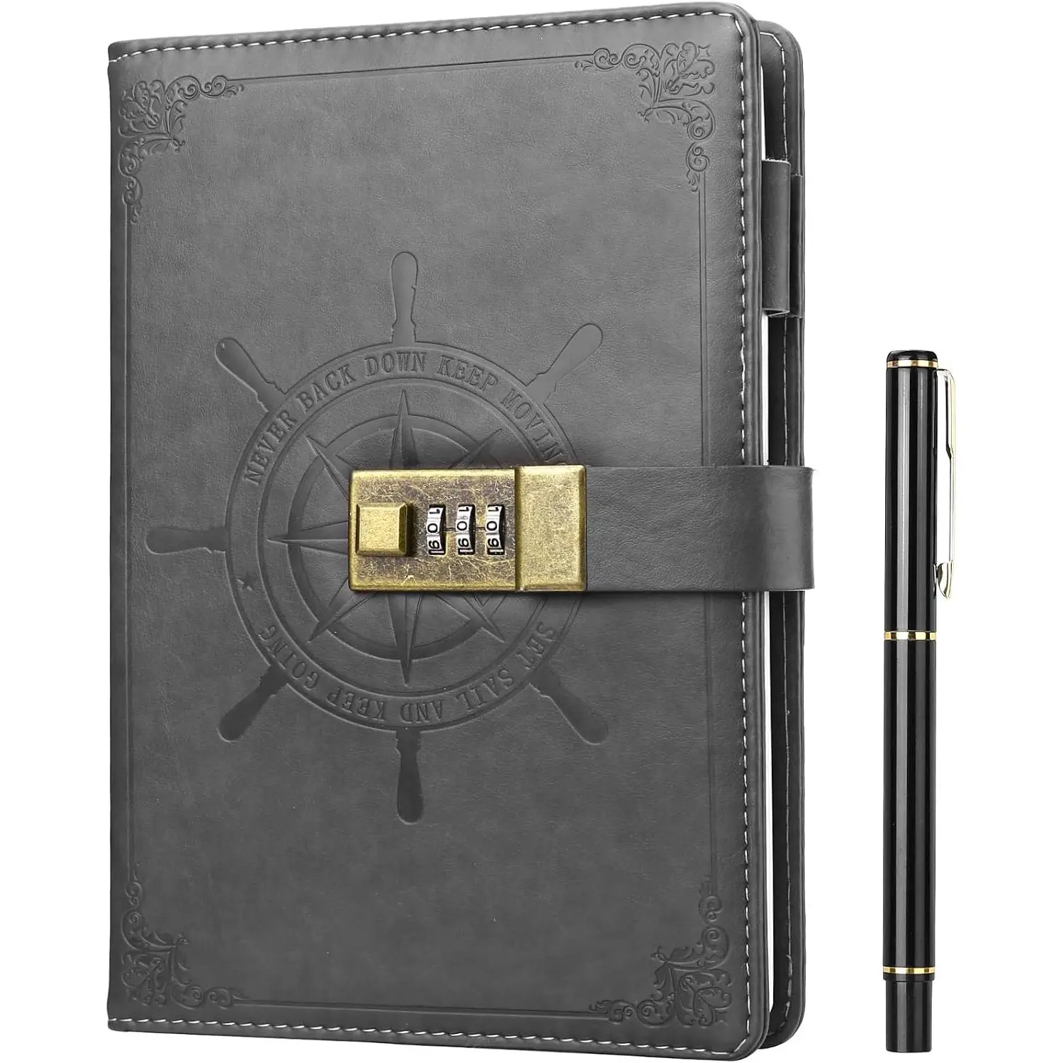 Diary with Lock, Refillable Journal with Lock Diary Organizer with Pen,  Faux Leather A5 College Ruled Lined Pages Locking Journal Notebook, Grey