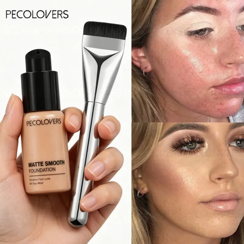 2pcs/set Airbrush Foundation & Brush Set, Lightweight Liquid Foundation + Flat Foundation Brush, Seamless Natural Finish, Buildable Medium Coverage, Beginner-Friendly