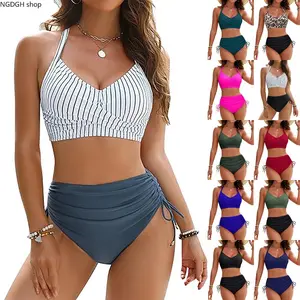 High Waisted Two Piece Swimsuit - Trendy Ruched Halter Bikini Set for Women, Sexy Striped Crop Top with Tie Side Bottom, Flattering Summer Beachwear for Vacation and Pool Party
