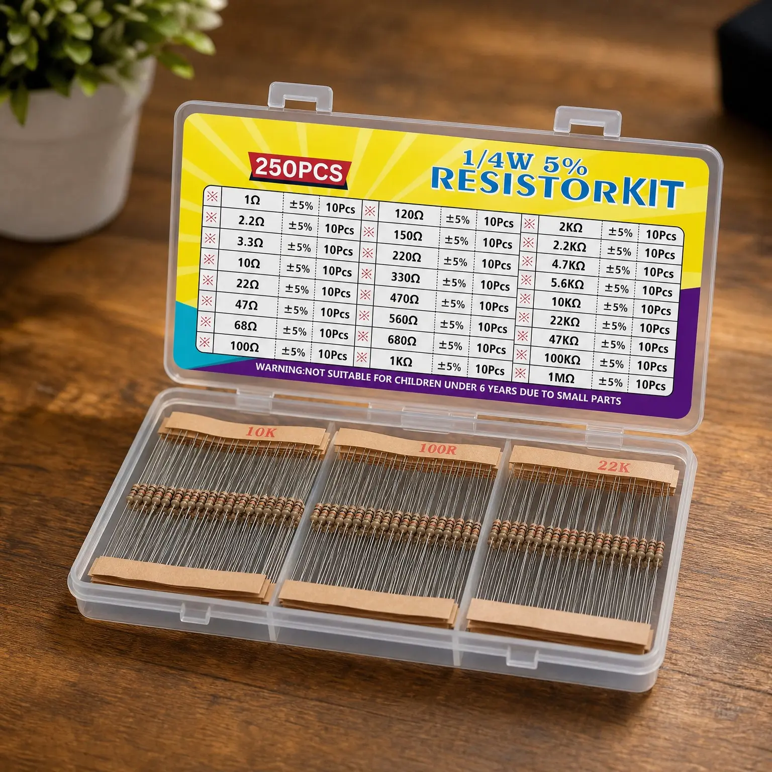 25 Values 1/4W Resistor Kit 1 Ohm to 1M Ohm 5% Carbon Film Resistors Assortment