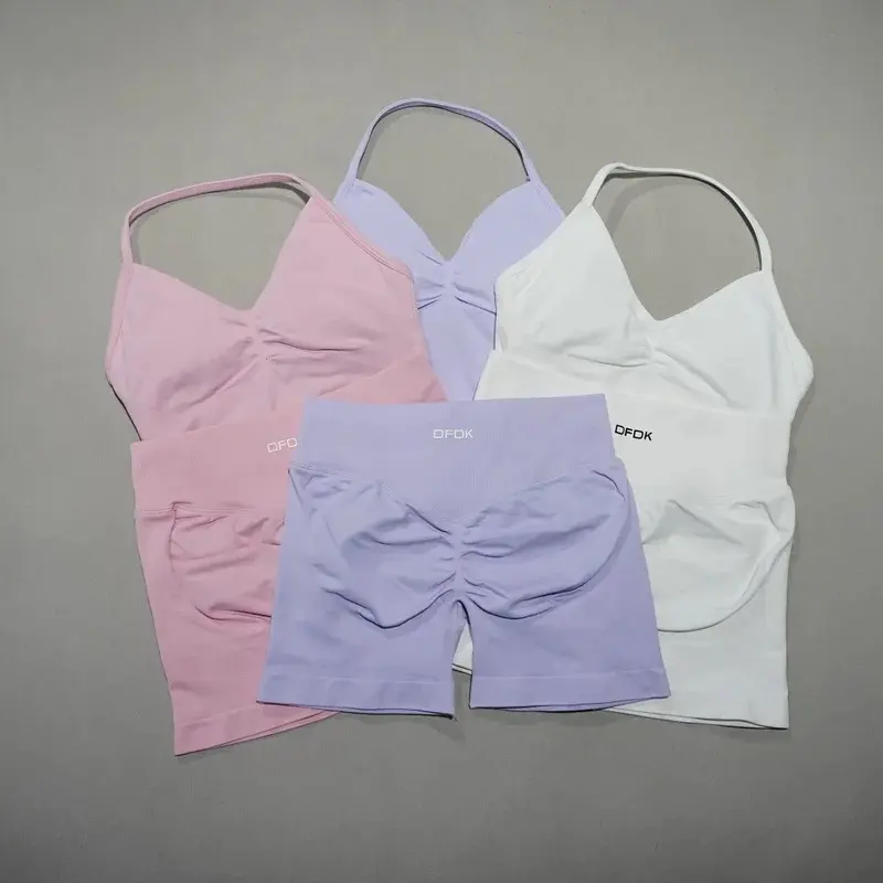 DFDK Women's 2-Piece Gym Yoga Activewear Set - Backless Halter Crop Top, Seamless Scrunch Butt Waist Shorts, Breathable Nylon Blend Athletic Outfit