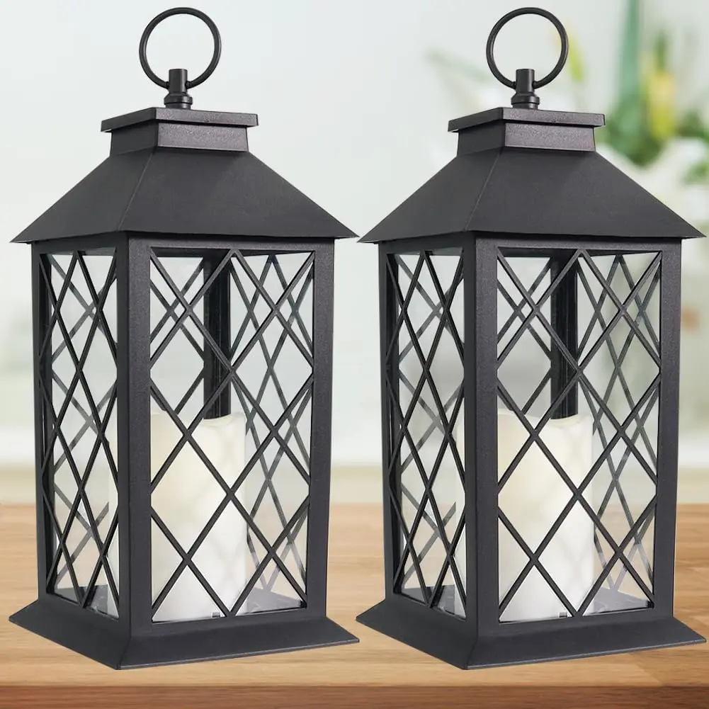 2-Pack 13.5" Vintage Candle Lantern with LED Pillar Light Black 6hr Timer IP44 Waterproof Battery Powered Decorative Outdoor Hanging Lantern Indoor Candle Holder