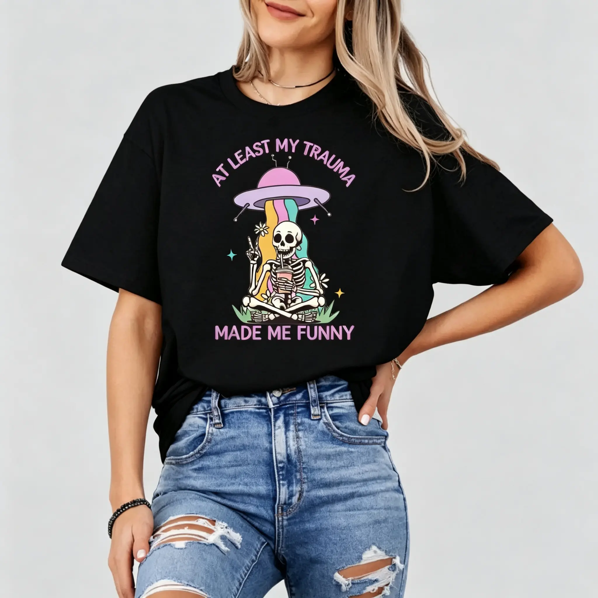 Women's Casual Cotton Short-Sleeve Apparel, Funny Loose-Fit Graphic Tee with "At Least My Trauma Made Me" Print, Comfy Everyday Top