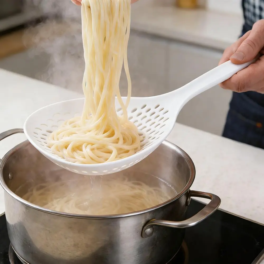 Colander Strainer Spoon - Large Plastic Noodle Scoop With Long Handle for Kitchen Pasta - Skimmer Kitchen Supplies