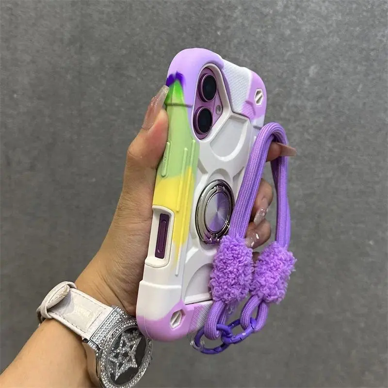 Luxury Heavy Duty Ring Holder Lanyard Case for iPhone 17 ProMax PC TPU Armor Cover for iPhone 13 14 15 16 Pro Max Plus