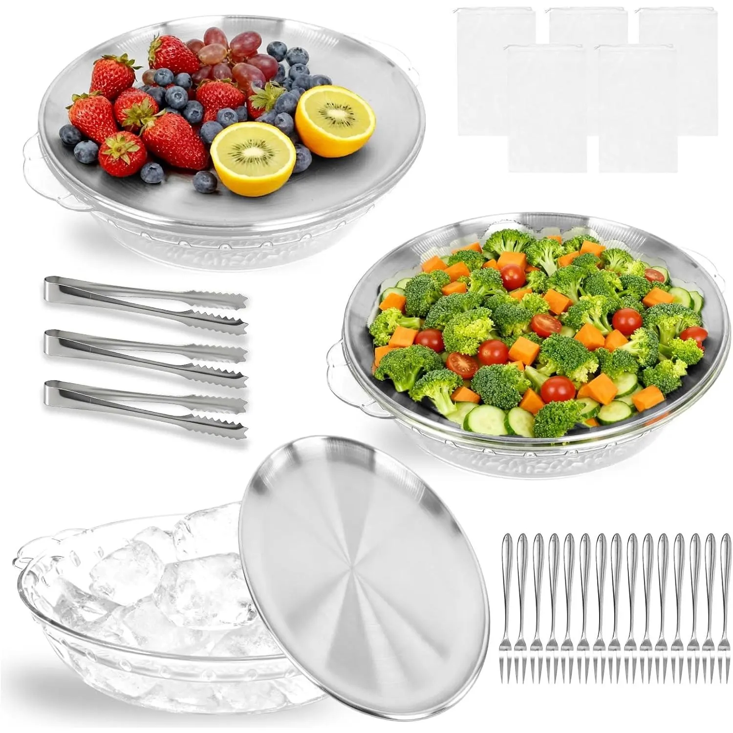 3 Set 11.8 Inch Chilled Serving Tray with Compartments Party Ice Chilled Fruit Platter Charcuterie Serving Platter Seafood Dip Cold Dish for Parties Family Gatherings, Cookout