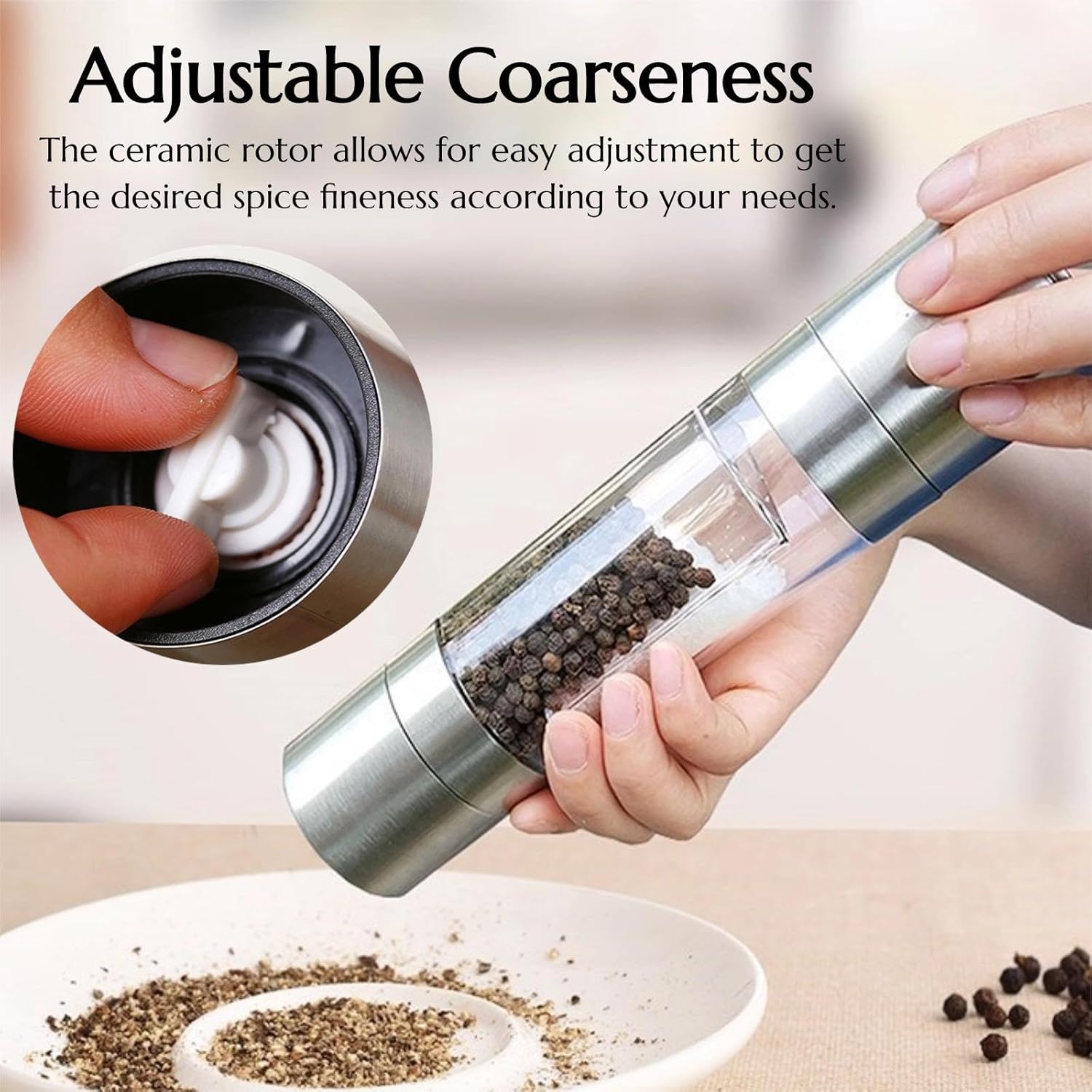 2 in 1 Salt & Pepper Grinder, 1 Count Stainless Steel Manual Salt & Pepper Mill Grinder, Salt Grinder Refillable, Kitchen Seasoning Utensils