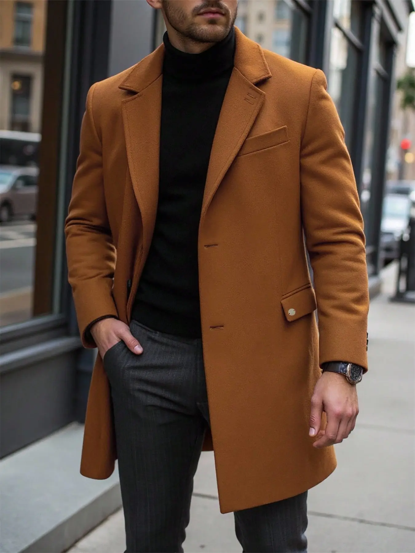 Men's Fashion Fall Winter Solid Button Front Long Coat, Business Casual, Pocket Jacket Gift, Suit Collar Overcoat, Daily Wear