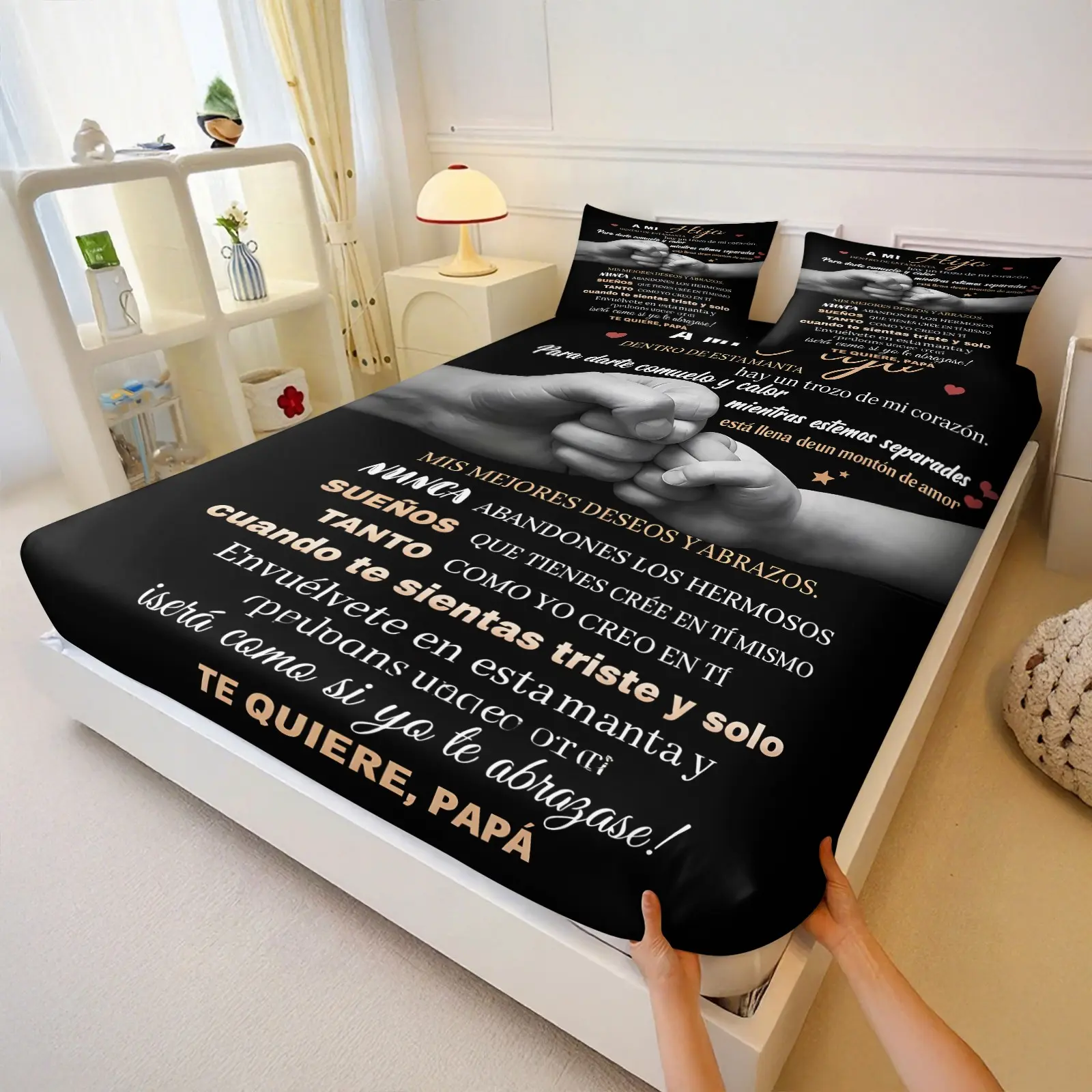 Dad to Son Handshake Spanish Love Letter Fitted Sheet, Inspirational Quote Mattress Cover, Deep Pocket Sentimental Bedding Gift