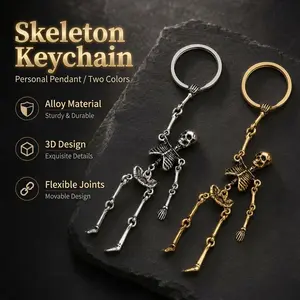 Halloween Skeleton Keychain, Viral Spooky Gothic Key Ring with 3D Movable Joint Skeleton Design, Vintage Alloy Skull Charm Pendant, Durable Metal Backpack Key Holder for Men Women, Car Keys, Halloween Party Favor Gift