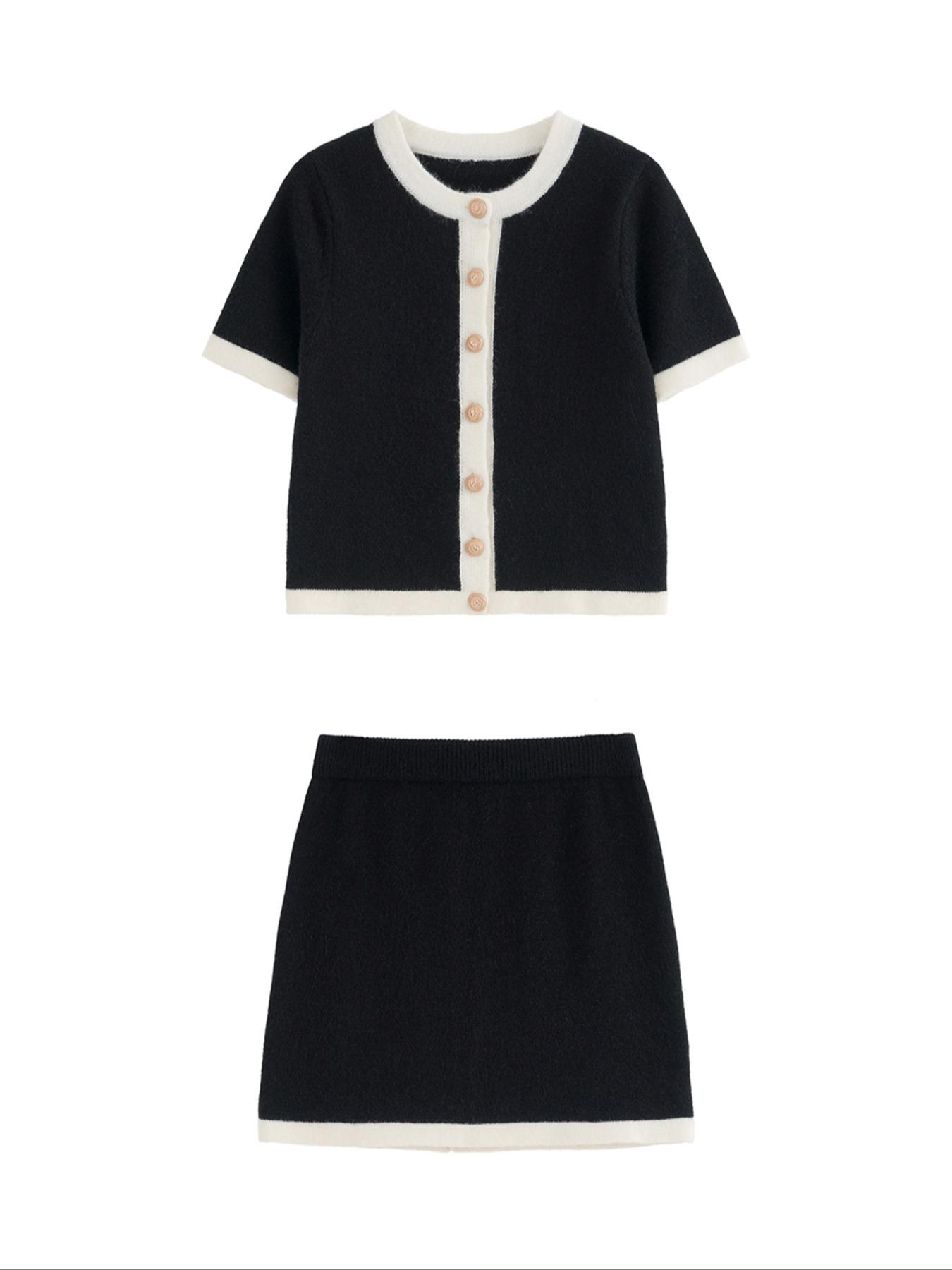 Women's French Style Elegant Commuter Set, Colorblock Knit Fitted Round Neck Cardigan and Half Skirt Two-Piece, Casual Summer