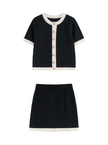 Women's French Style Elegant Commuter Set, Colorblock Knit Cardigan and Half Skirt Two-Piece, Casual Summer