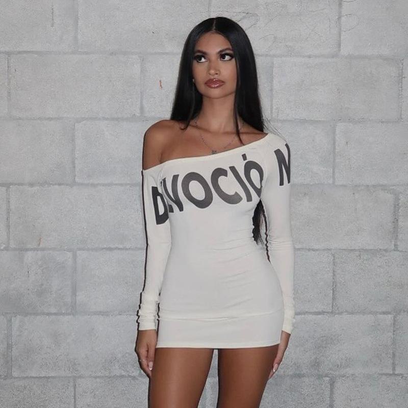 Women's Streetwear One Shoulder Long Sleeve Bodycon Dress - Letter Print Asymmetrical Mini Dress, Y2K Sexy Tight Clubwear track dress