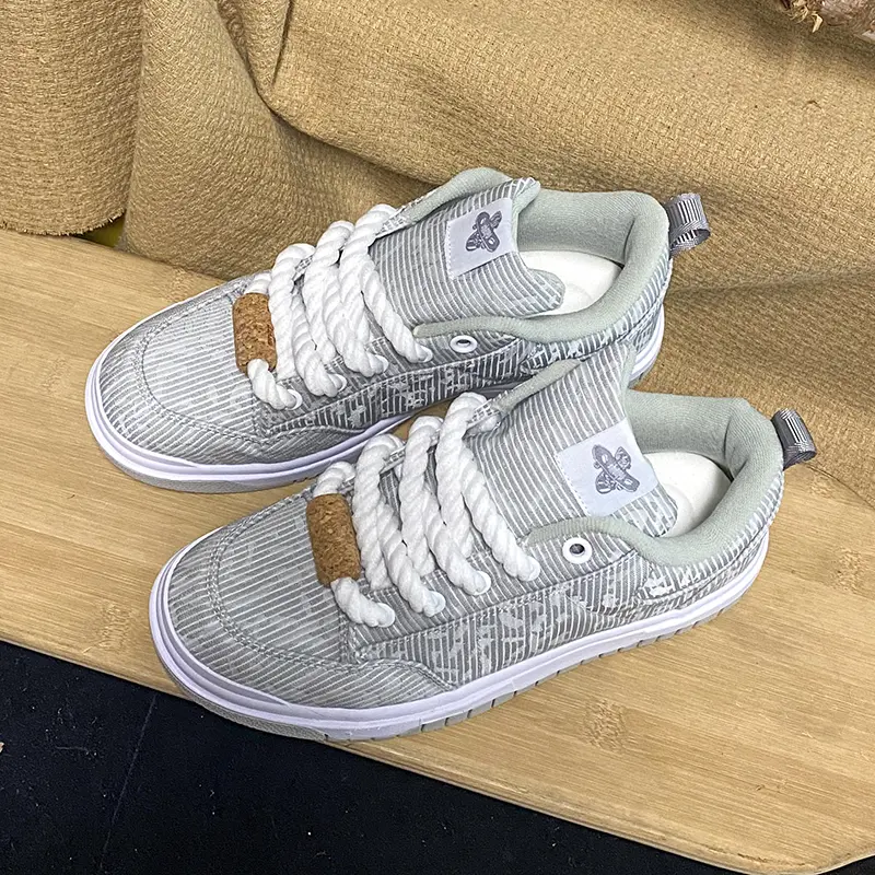 Gray Striped Jacquard Skate Sneakers Chunky White Thick Rope Laces Light Grey Lining Platform Canvas Shoes Unisex Streetwear