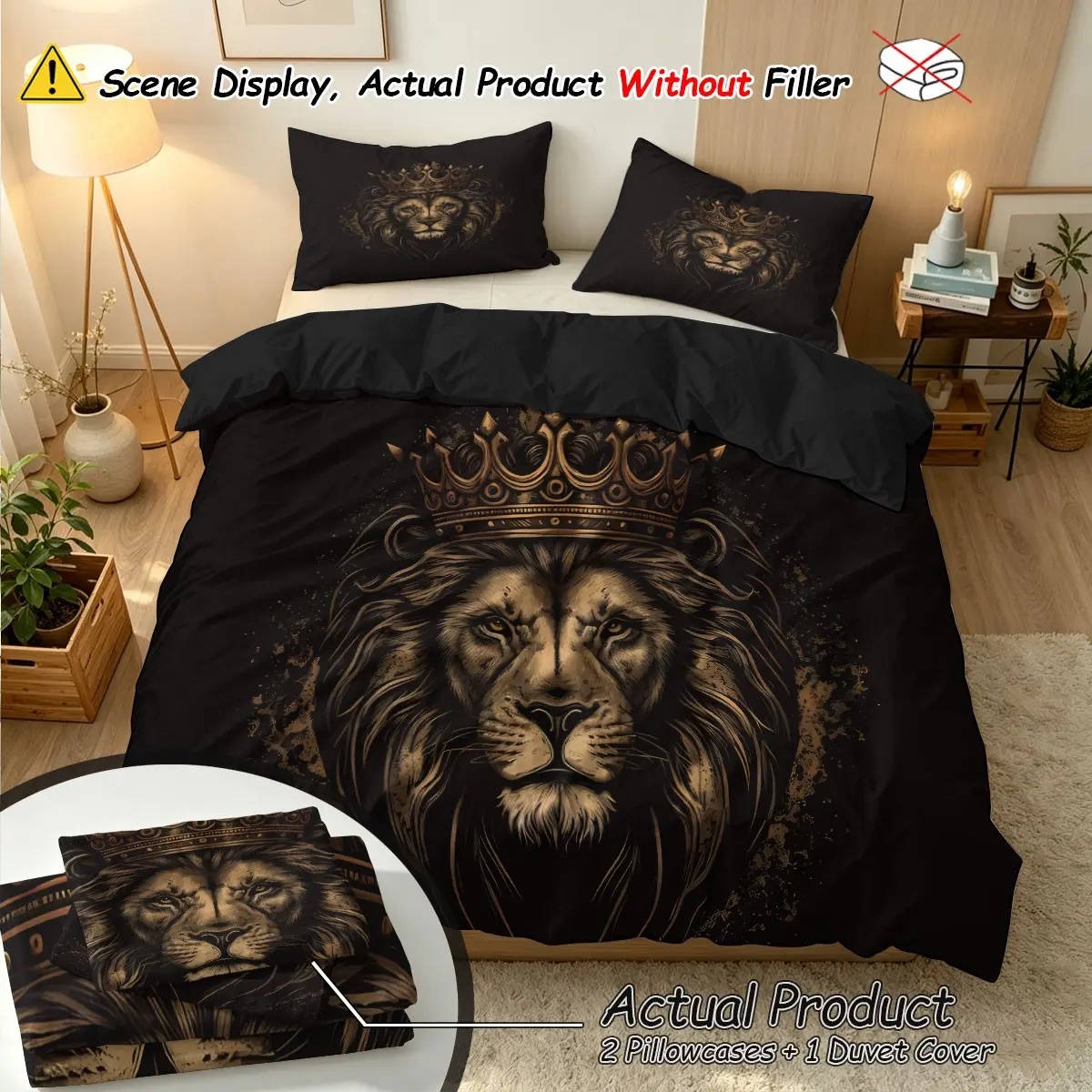 Lion Crown Print Duvet Cover Set, (1 Duvet Cover + 2 pillowcases, no filler), Multi-size Duvet Cover 3-piece set, soft skin-friendly & machine washable, all-season bedding for home decor, perfect gift choice for bedroom