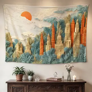 Paper Cut Style Orange Sun Cityscape Architectural Wall tapestry,Large size Printed Horizontal Tapestry blanket,Polyester Fabric Wall Hanging for living room,bedroom,No Installation Required,Indoor,Outdoor,Gift for Family and Friends