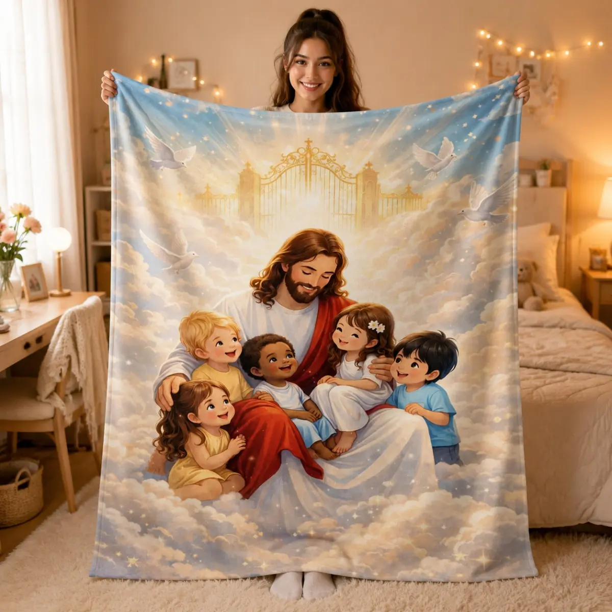 Heaven Gate Jesus Multicultural Kids Flannel Polyester Throw Blanket, Cloud White Dove Christianity Classic Religious Art Soft Blanket, Christian Home & Travel Decor, Devotional Room Holiday Birthday Gift For Faith Lovers, Room Decor, House Decor